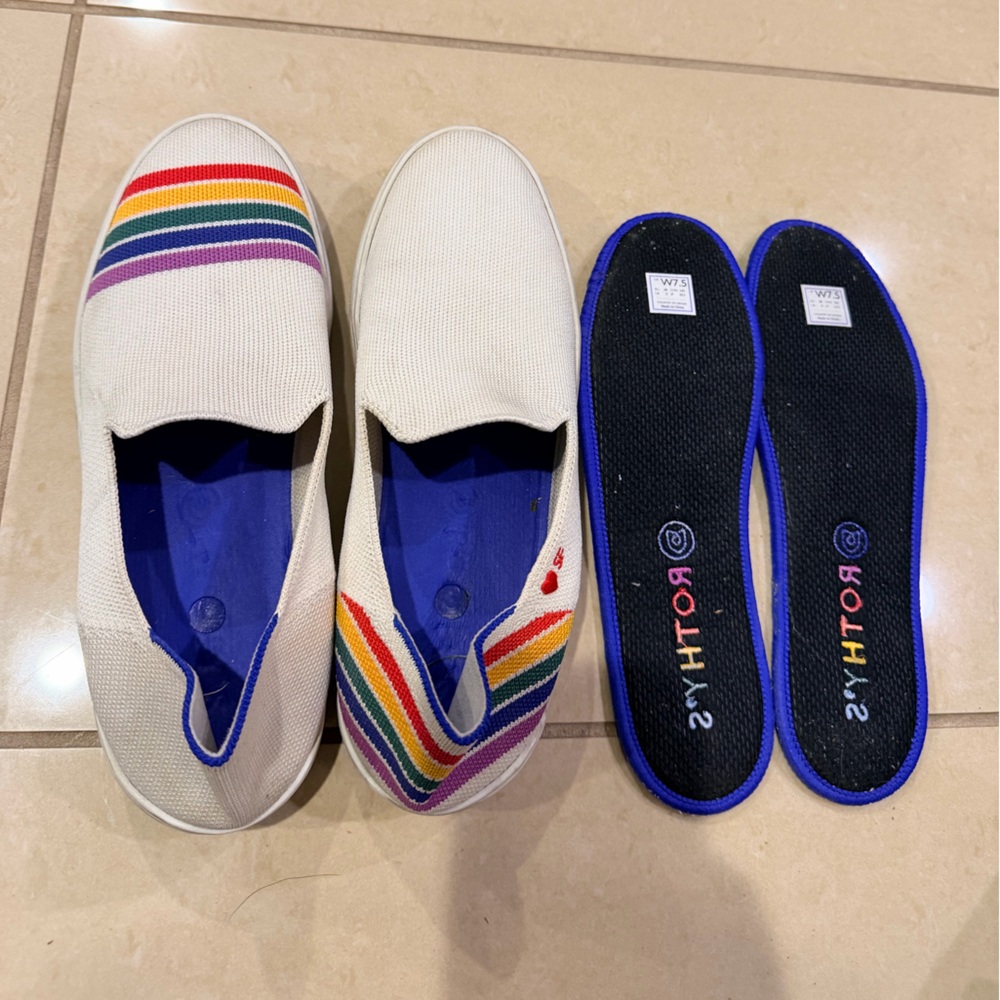 Rothy’s White Slip-On Shoes with Rainbow Stripes - Picture 6 of 7